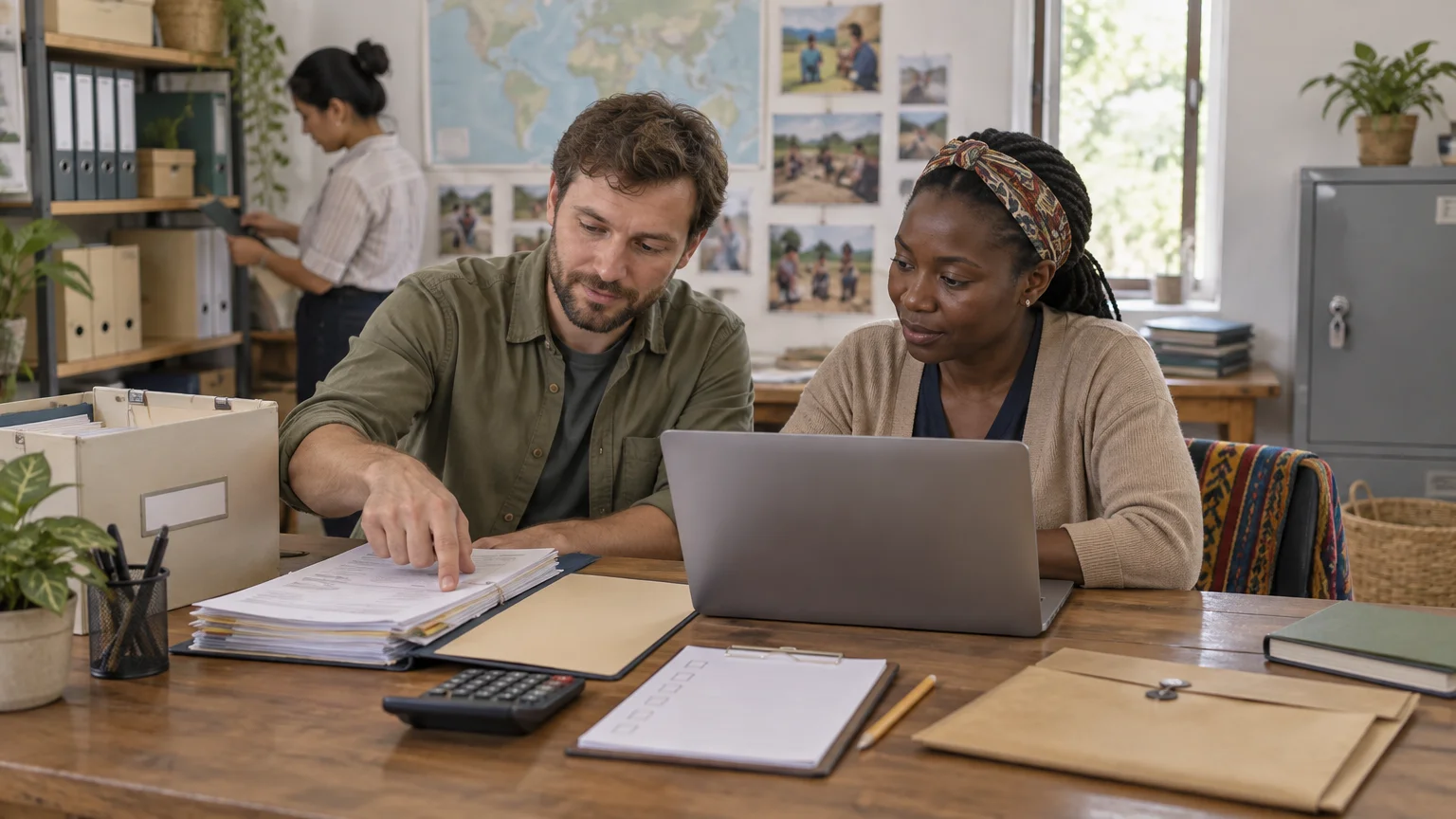 Three people work in an office: two review a stack of papers beside an open laptop, calculator, folders, and clipboard while a third person organizes binders near shelves and a wall map.