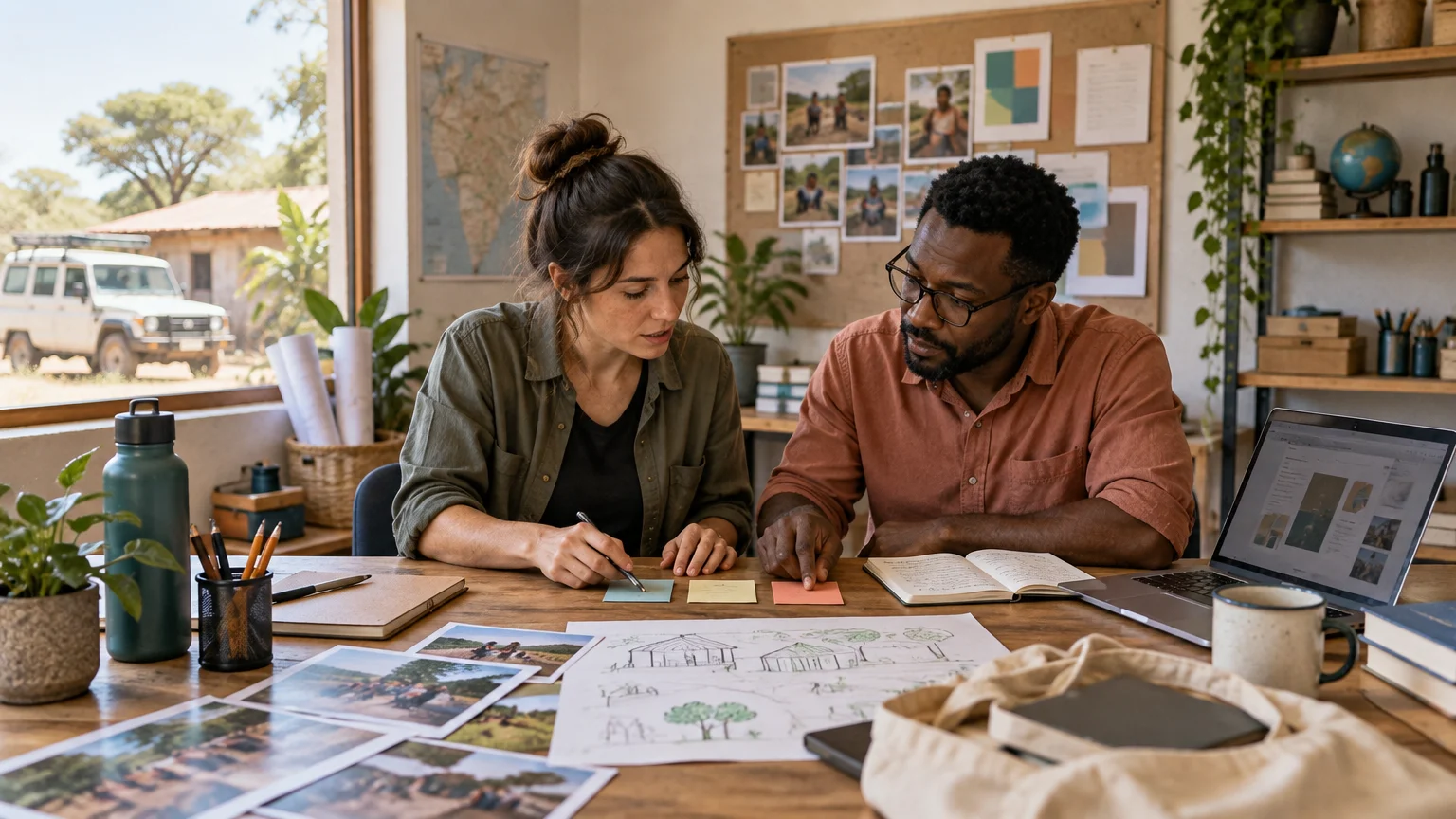Two people collaborate at a desk with sticky notes, sketches, printed photos, a notebook, and a laptop in a workspace with maps and a vehicle outside the window.
