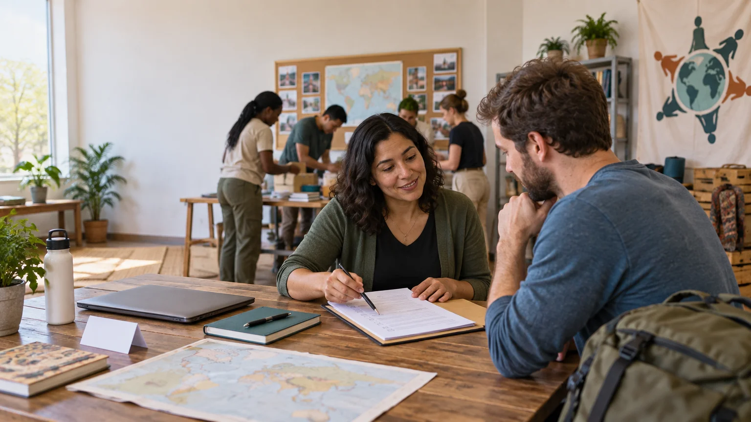 A volunteer coordinator points to a paper form while speaking with a seated man at a table with a laptop, map, notebook, water bottle, and backpack; other people organize supplies behind them in a bright office.