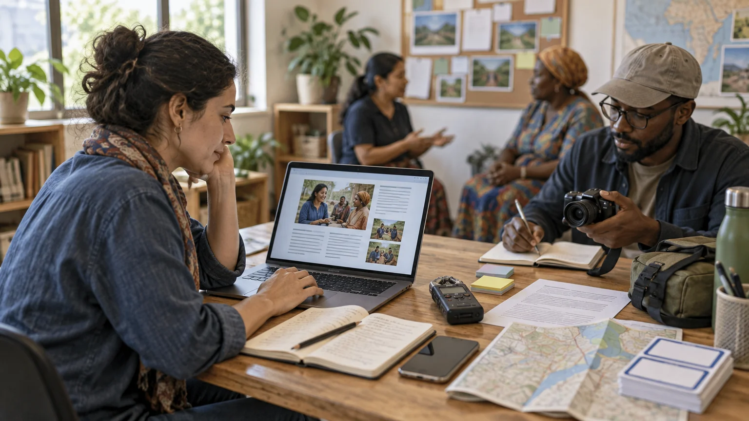 Four people work in a community office: a woman edits a laptop story at a table while a man holds a camera and takes notes, with maps, notebooks, an audio recorder, and papers nearby.