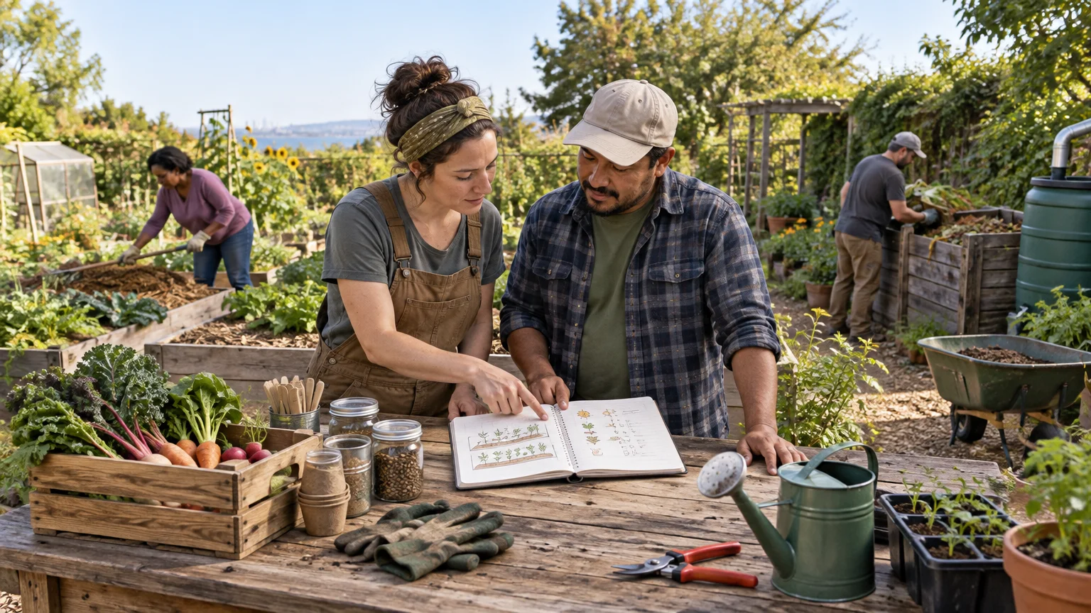 Four volunteers work in a sunny community garden while two people review a planting notebook beside seedlings, tools, jars of seeds, and harvested vegetables.