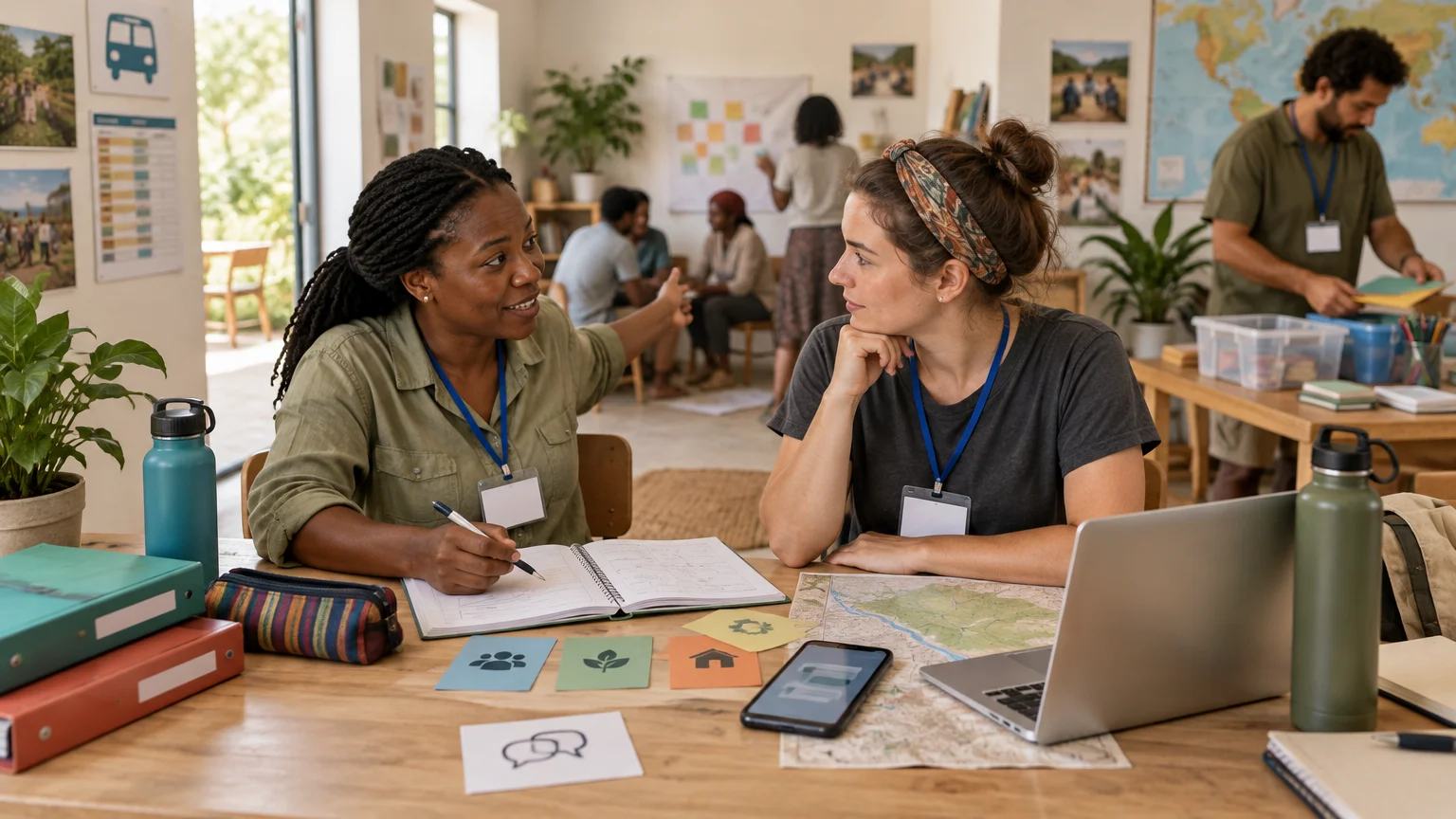 Two volunteers wearing blank name badges discuss a notebook and map at a table with a laptop, binders, water bottles, and communication-symbol cards; other team members work in the background near a map and planning board.