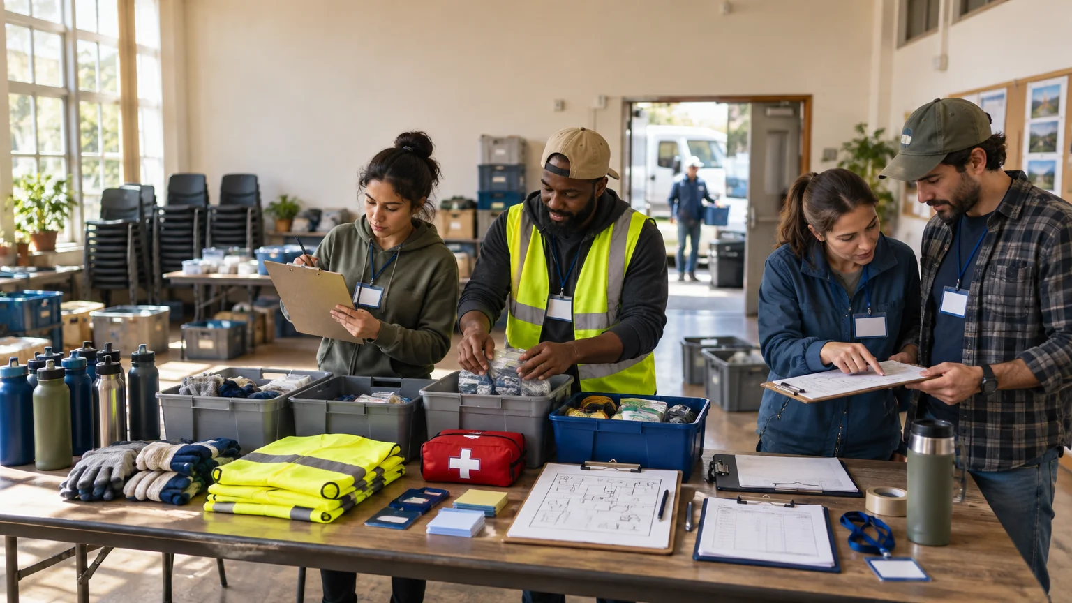 Five volunteers organize supplies at a table in a bright community room, checking clipboards beside bins of gloves, water bottles, folded high-visibility vests, name badges, and a red first-aid kit.