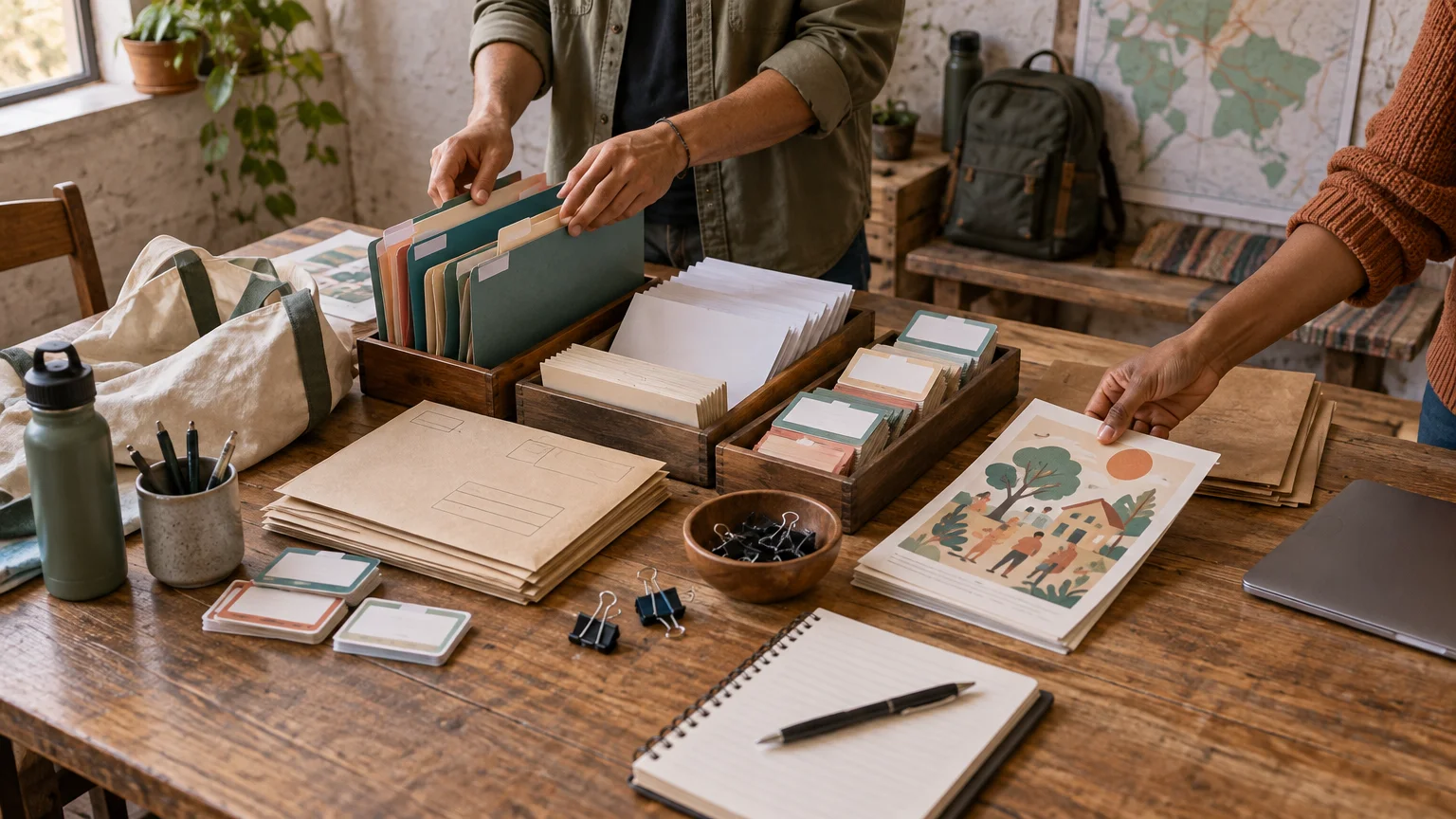 Two people organize folders, envelopes, blank name labels, printed flyers, notebooks, and binder clips on a wooden table in a workspace with a wall map and backpack.