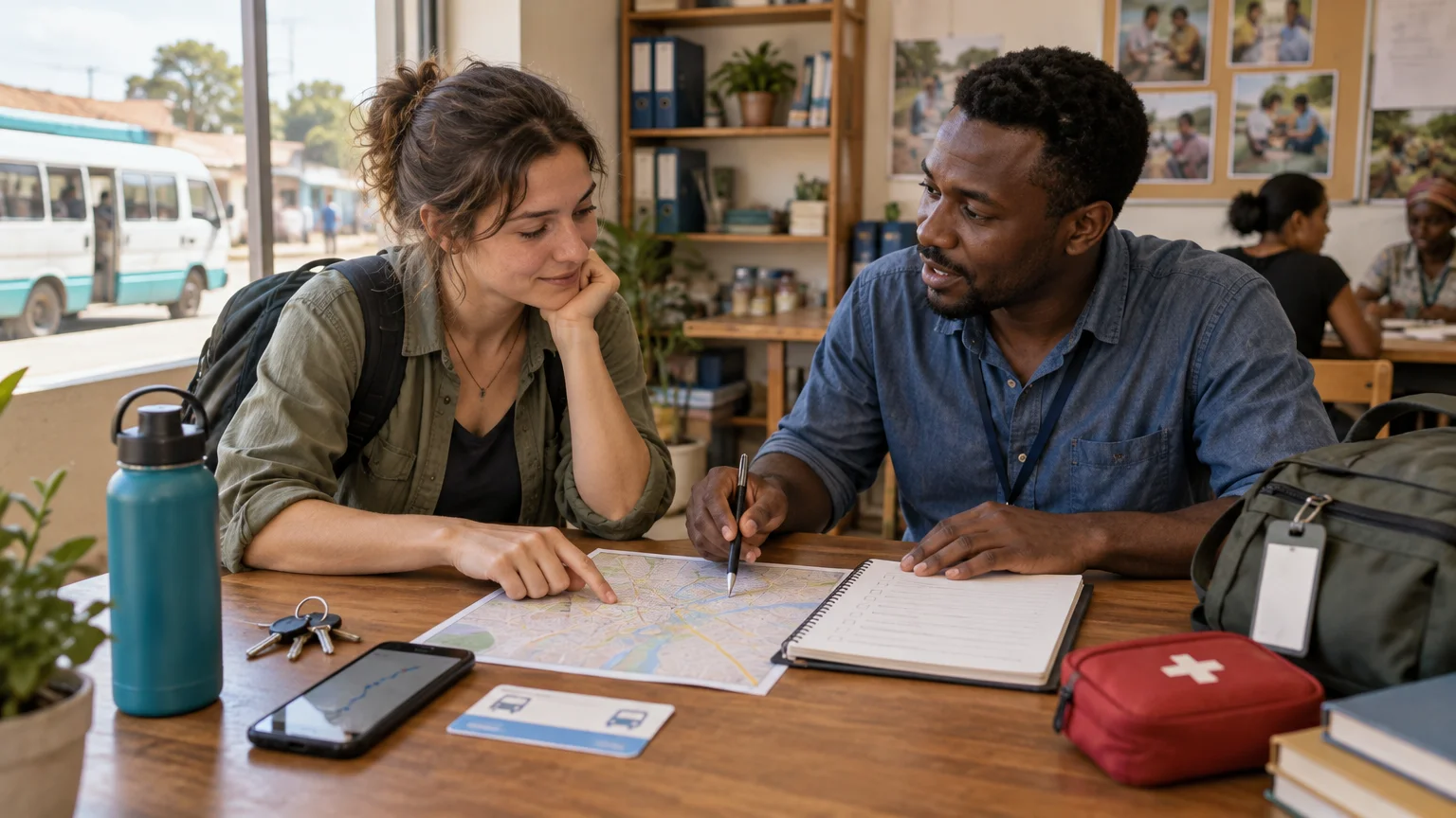 Two people at an NGO-style office table review a paper map and notebook beside a phone, transit card, keys, backpacks, water bottle, and red first-aid kit; a minibus is visible outside.