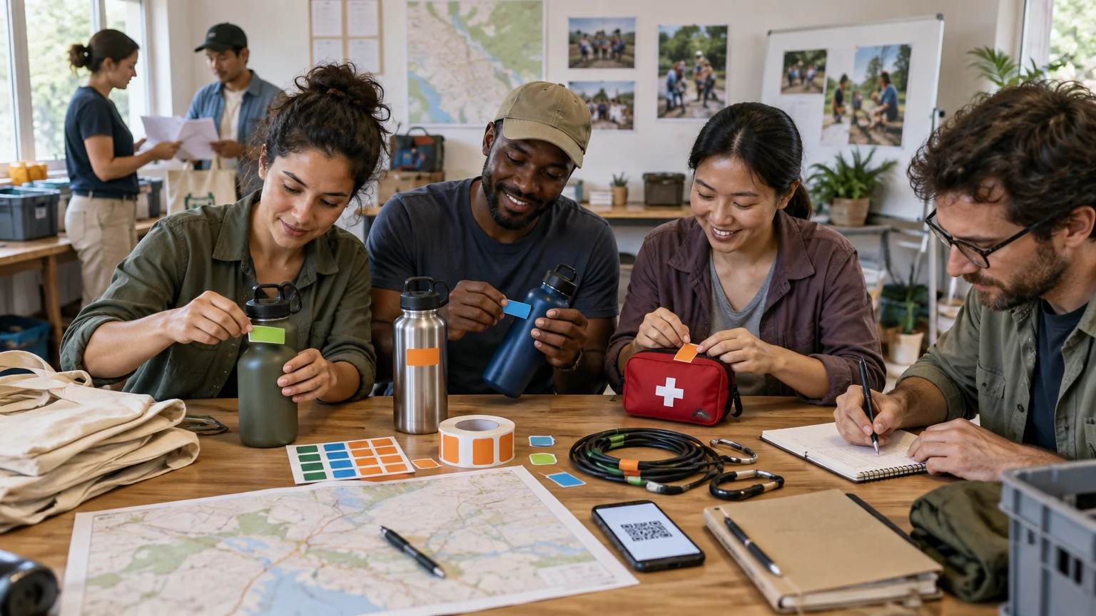 Volunteers at a planning table apply colored labels to water bottles and a first-aid kit beside a map, sticker sheets, cables, notebooks, and a phone displaying a QR code.